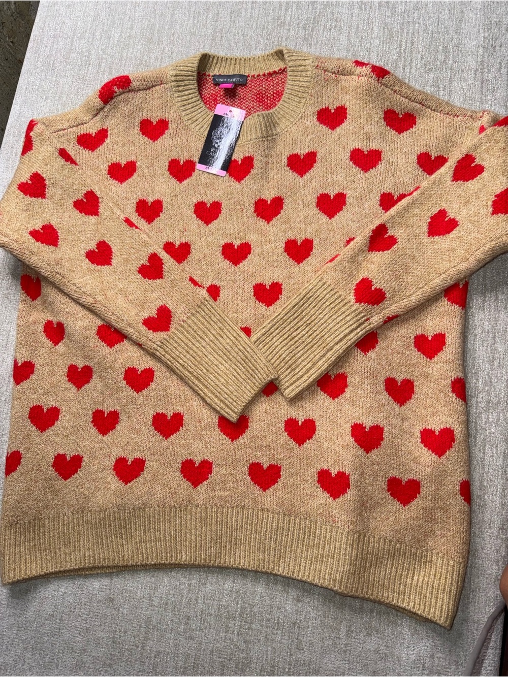 Vince Camuto Camel Crewneck Sweater with Red Heart Motif
